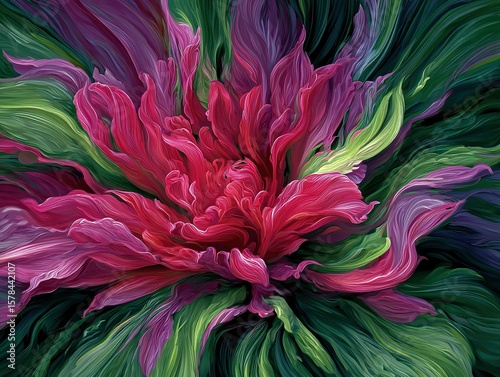 Vector graphics, images,Abstract Floral Swirl in Green, Purple and Red Dynamic Line Art