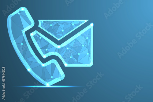 Low poly email icon on dark blue gradient background. Abstract polygonal envelope symbol for communication, messaging apps, digital mail, and online connectivity.