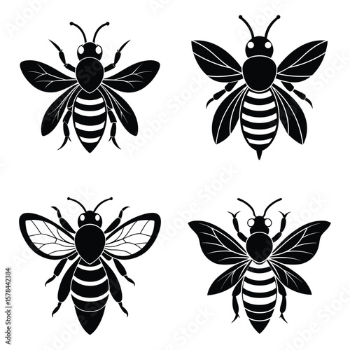Black and white bee silhouette collection illustration