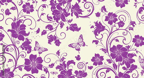 Elegant purple floral pattern with butterflies on a light background for decorative use