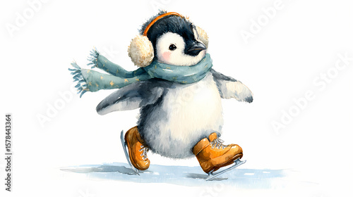  Ice Skating Penguin – Whimsical Winter Watercolor Scene