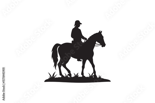 Black Silhouette of a Horse and Rider Wearing a Hat Standing on Grass on a White Background for Equestrian and Western Theme Designs