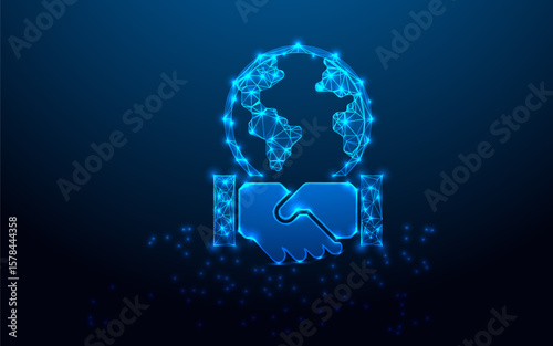 Low poly global icon on dark blue gradient background. Abstract polygonal globe symbol for worldwide connectivity, international networks, and digital communication.