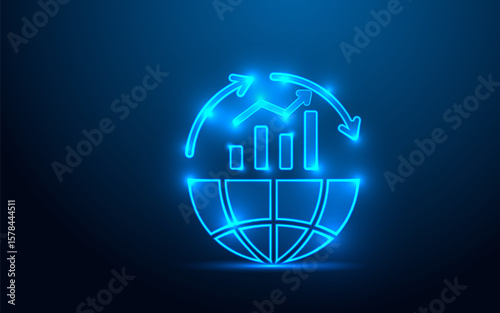 Low poly global icon on dark blue gradient background. Abstract polygonal globe symbol for worldwide connectivity, international networks, and digital communication.