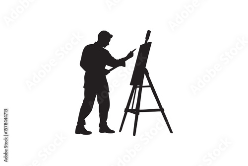 Silhouette of a Male Artist Painting on Canvas with Easel Holding Brush Isolated on White Background Creative Arts Fine Art Hobby Professional Art Studio