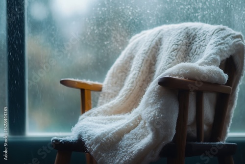 Fluffy throw resting folded on a window-side wooden chair.
