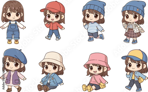 Anime student character, school uniform, backpack, front view, side view, back view, character sheet, vector illustration, reference, art design