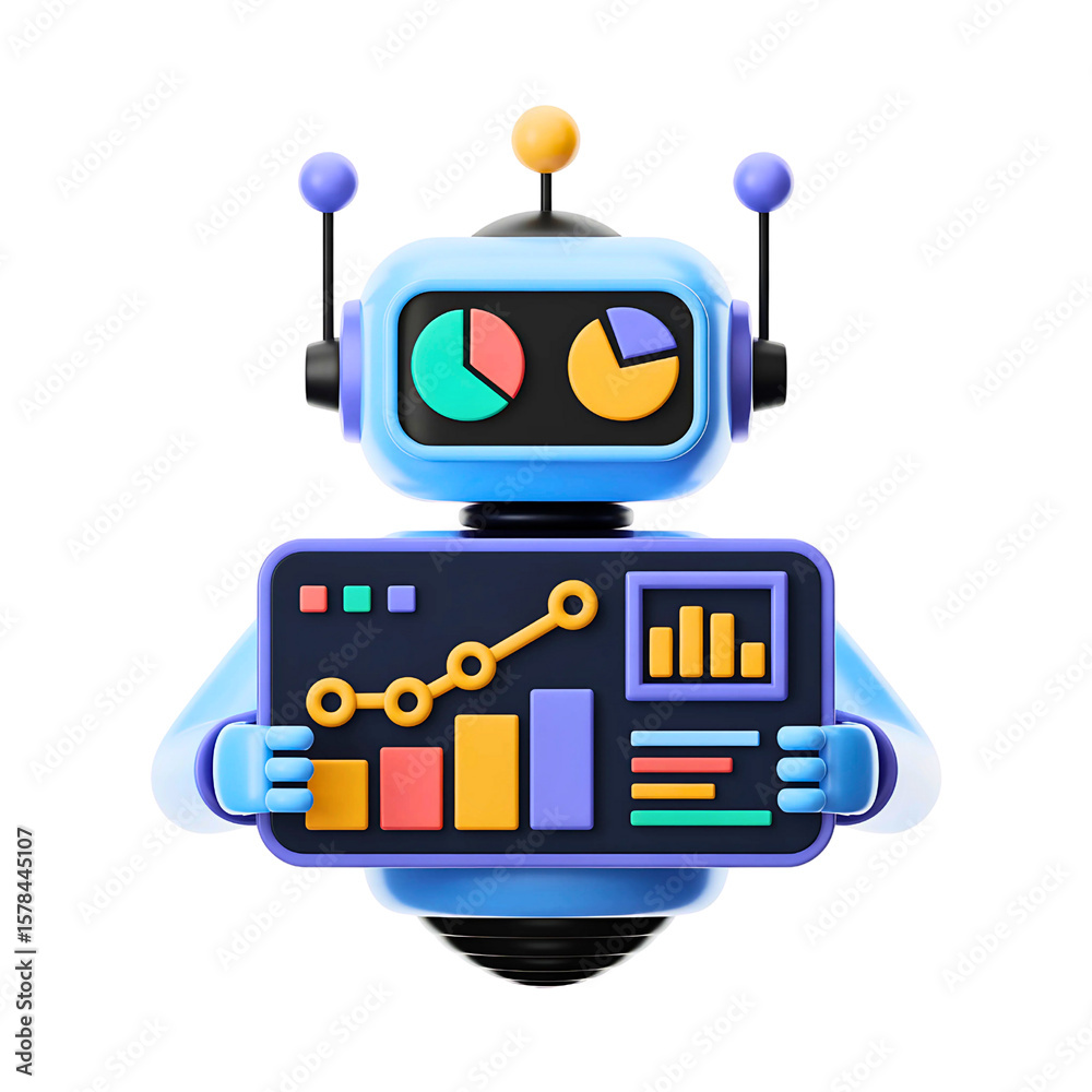 Naklejka premium A blue robot holds a screen displaying data analytics and statistics isolated on transparent background