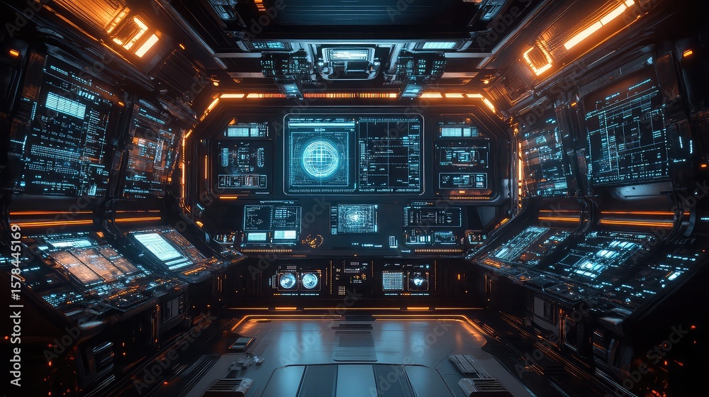 Fototapeta premium Futuristic aerospace command center filled with glowing digital screens, mission tracking dashboards, control interfaces, and satellite uplinks