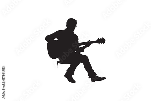 Silhouette of a young man sitting and playing an acoustic guitar isolated on white background perfect for music related design projects and creative compositions
