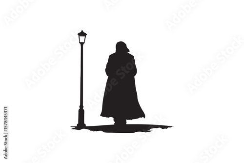 Silhouette of a Person in a Coat Standing Near a Street Lamp on a White Background Depicting Mystery Loneliness and Urban Solitude in a Minimalist