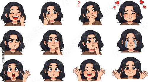Cartoon character in twelve expressive poses, cute emoticons, vector illustration, hand gestures, avatar design, social media, messaging app features