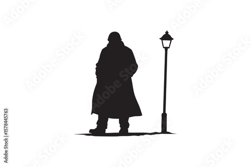 Silhouette of a man in a coat standing next to a vintage street lamp isolated on white evoking mystery and noir atmosphere in black and