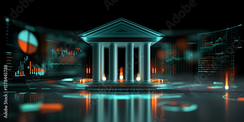 Imposantes Bankgebäude mit klassischen Säulen bei Nacht mit blauer Beleuchtung