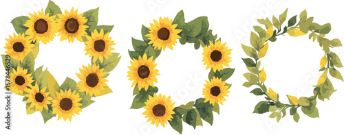 Watercolor Sunflower and Leaf Wreaths Isolated on White Background for Design Elements