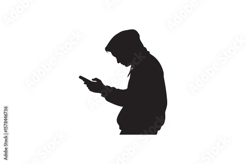 Silhouette of a Person in a Hoodie Using a Mobile Phone Isolated on White Background Depicting Technology Communication and Modern Lifestyle in a Minimalist Style