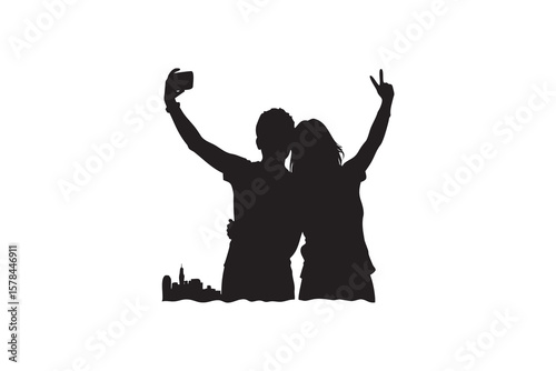 Silhouette of a Couple Taking a Selfie with a City Skyline Girl with Peace Sign Black and White Isolated on White Background Vector Illustration