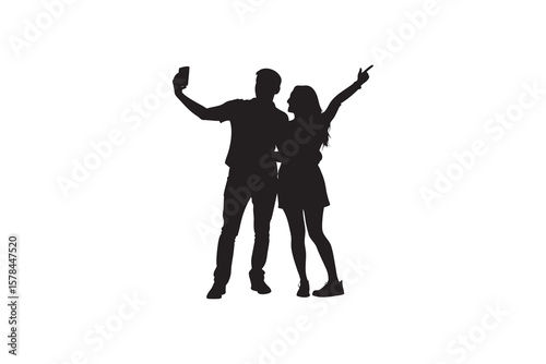 Silhouette of a young couple taking a selfie with a smartphone the woman is pointing isolated on a white background representing youth and modern lifestyle
