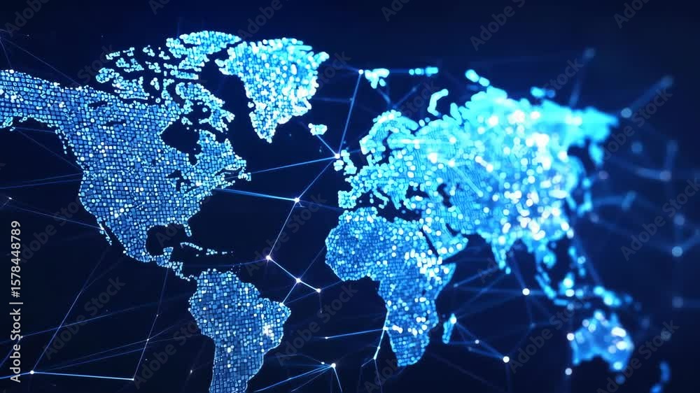 Digital Globe Network Connecting Continents with Glowing Data Points for Technology and Connectivity Themes