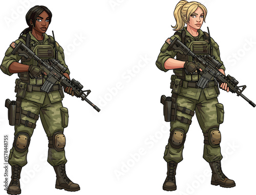 Female soldiers, tactical gear, army uniform, combat scene, military women, armed forces, rifles, defense, illustration, diverse representation, war zone, brave women, weapon, helmet, camouflage