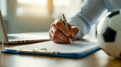 Person signing a document with a pen, computer, and soccer ball on the desk