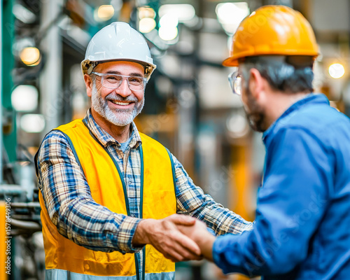 Construction workers exchanging a handshake in an industrial setting