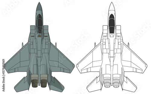 Set F-15EX eagle II military aircraft design in line art and colored style from top view. Vector illustrations colorful fighter jet. Outline drawing combat aircraft. United states modern airplane.