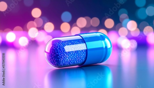 Vibrant blue capsule on reflective surface