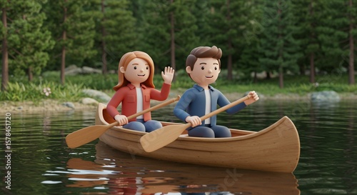Cartoon couple paddling canoe