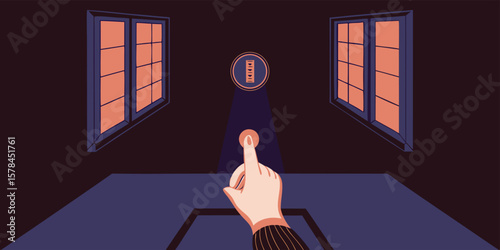 Hand pressing button near windows technology tech