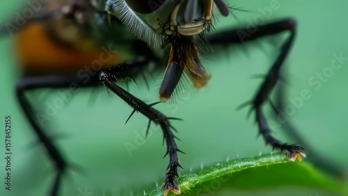 Closeup of a Housefly Perched on a Green Leaf with Macro Camera Technique