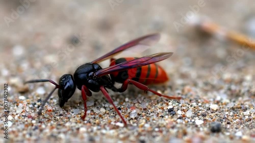 Closeup of a Red and Black Wasp Crawling on Sandy Surface in Natural Light