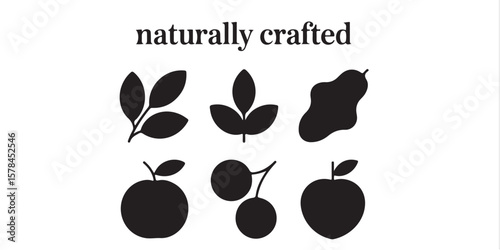 Black silhouettes of leaves apples and cherries with the text naturally crafted above them
