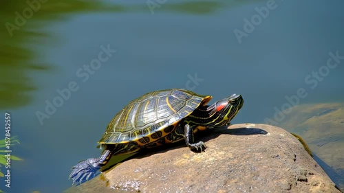 Turtle Sunbathing on Rock by Water with Slow Camera Movement