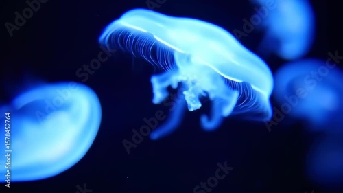 Bioluminescent Jellyfish Floating Gracefully in Deep Ocean Under Blue Light