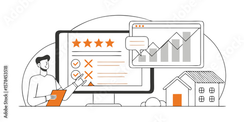 Man evaluating data with graphs and houses computer