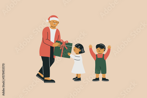 Illustration of Grandfather Giving Gift His Grandchildren