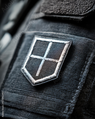 Close-up of a tactical uniform with a military insignia patch on the chest