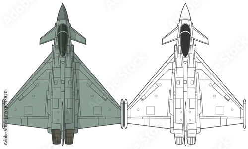 Set eurofighter typhoon tranche 4 military aircraft design in line art and colored style from top view. Vector illustrations colorful fighter jet. Outline drawing europe modern combat aircraft.