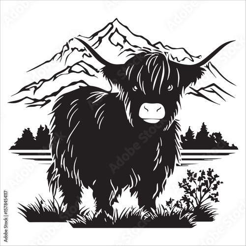 Highland Cow Silhouette with Mountain Backdrop