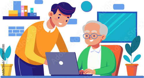 Young Man Teaching Elderly Person to Use Laptop – Technology Learning and Digital Support Concept