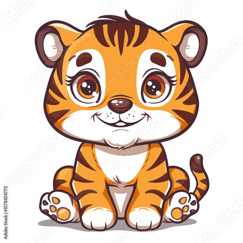Cute cartoon vector of a smiling baby tiger, simple flat design.