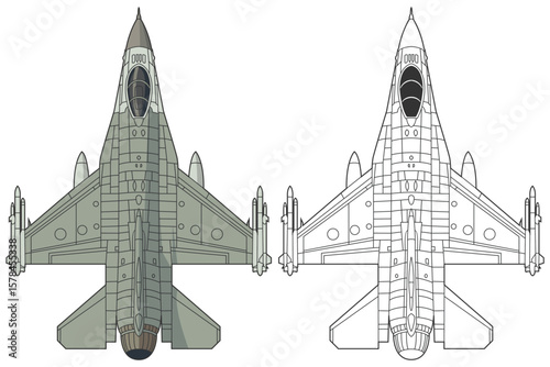 Set F-16 military aircraft design in lineart and colored style from top view. Vector illustrations colorful F-16 fighting falcon fighter jet. Outline drawing united states modern combat aeroplane F16.