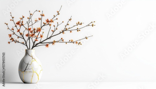 Kintsugi vase with flower blossom branches aesthetic japanese art zen gold repair minimalist home decor floral art