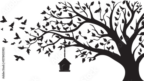 Silhouette Tree with Birdhouse and Flying Birds on White Background