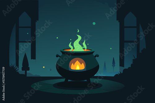 Glowing Cauldron in Dark Room for Halloween
