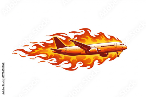 Airborne design featuring an airplane engulfed in fiery flames, ideal for aviation themes and transportation projects needing a hot, bold, and dynamic element.