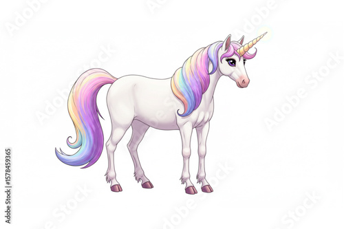 Graceful unicorn with a rainbow mane and shimmering horn, a beautiful design suitable for fantasy themes and children's media.