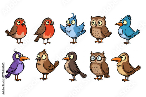 Charming collection of cartoon birds, perfect for children's projects, storybook illustrations, and playful graphic design elements.