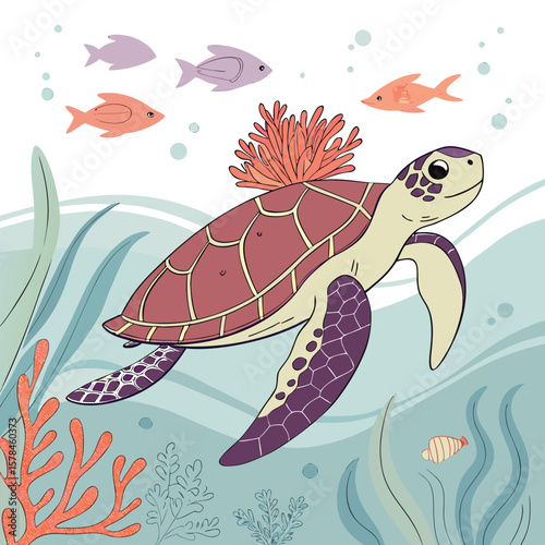 Illustration of a sea turtle swimming with fish and coral in an underwater environment scene design